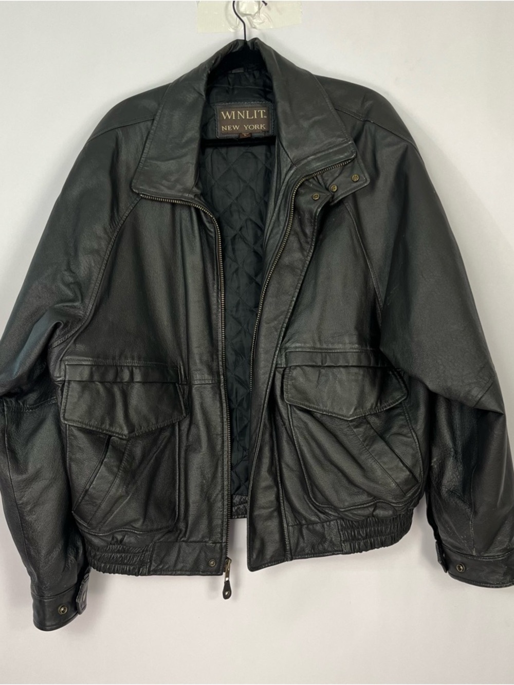 Winlit New York black leather bomber jacket quilted lining sz large Vintage